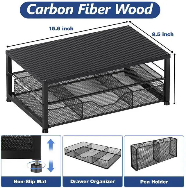 Alt view image 2 of 7 - Desk Organizer and Accessories, 2-Tier Computer Monitor Stand with Drawer and 2 Pen Holders, Laptop Stand, Office Desk Accessories for Office Supplies, Carbon Fiber