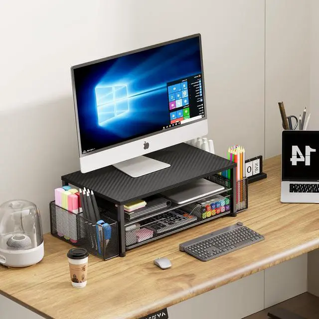 Alt view image 3 of 7 - Desk Organizer and Accessories, 2-Tier Computer Monitor Stand with Drawer and 2 Pen Holders, Laptop Stand, Office Desk Accessories for Office Supplies, Carbon Fiber
