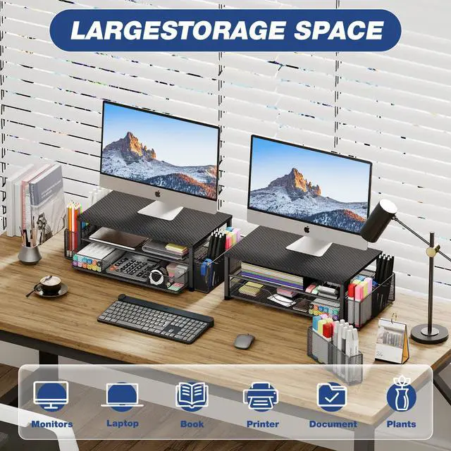 Alt view image 5 of 7 - Desk Organizer and Accessories, 2-Tier Computer Monitor Stand with Drawer and 2 Pen Holders, Laptop Stand, Office Desk Accessories for Office Supplies, Carbon Fiber