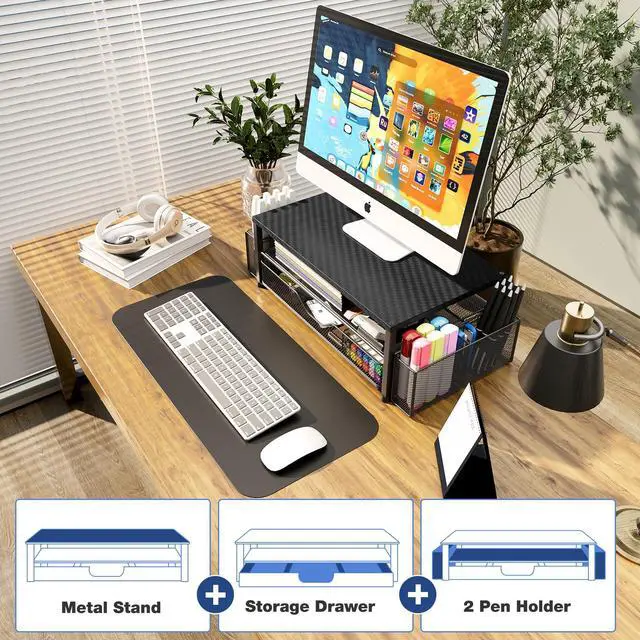 Alt view image 6 of 7 - Desk Organizer and Accessories, 2-Tier Computer Monitor Stand with Drawer and 2 Pen Holders, Laptop Stand, Office Desk Accessories for Office Supplies, Carbon Fiber