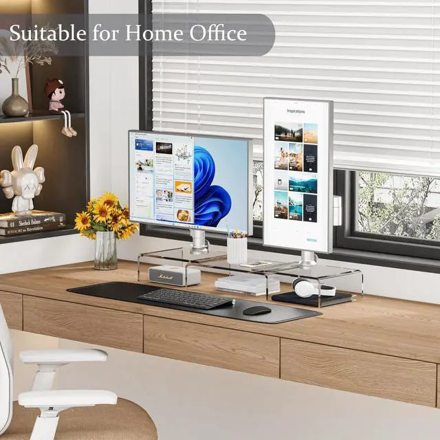 Alt view image 2 of 7 - Clear Acrylic Monitor Stand Riser, 3 Shelves Adjustable Dual Monitor Stand with Anti-Slip Mat, Premium Desk Organizer for Home Office, Laptops, PCs, Printers, TVs