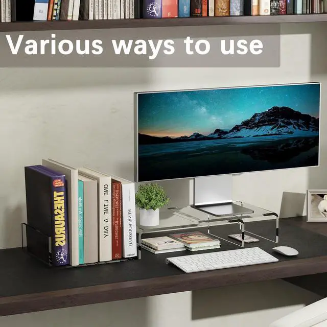 Alt view image 6 of 7 - Clear Acrylic Monitor Stand Riser, 3 Shelves Adjustable Dual Monitor Stand with Anti-Slip Mat, Premium Desk Organizer for Home Office, Laptops, PCs, Printers, TVs