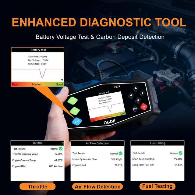 Alt view image 5 of 7 - Enhanced OBD2 Scanner Diagnostic Tool - Check Engine Code Reader with Battery Tester, EVAP, Live Data, Mode 6/8, Professional Car Scan Tool with Freeze Frame, DTC Lookup for All OBDII Vehicles 1996+