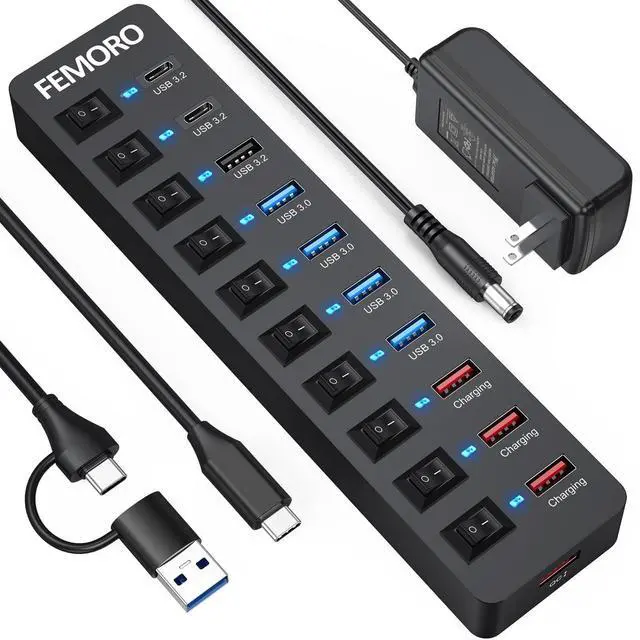 Main image of Powered USB C Hub 3.2 11-Port 48W, USB-C 3.2 (10Gbps)*2 + USB-A 3.2 (10Gbps)*1 + USB-A 3.0 (5Gbps)*4 + Power-only Port*4 with 12V/4A Power Adapter High Speed for Laptop PC Phone SSD HDD Flash Drive
