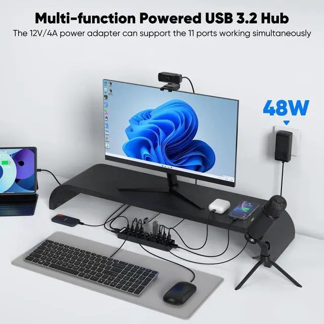 Alt view image 5 of 7 - Powered USB C Hub 3.2 11-Port 48W, USB-C 3.2 (10Gbps)*2 + USB-A 3.2 (10Gbps)*1 + USB-A 3.0 (5Gbps)*4 + Power-only Port*4 with 12V/4A Power Adapter High Speed for Laptop PC Phone SSD HDD Flash Drive