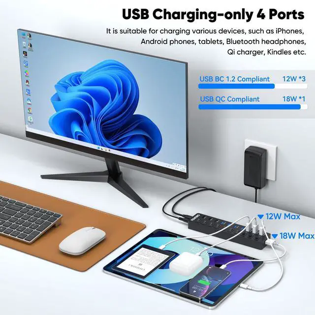 Alt view image 4 of 7 - Powered USB C Hub 3.2 11-Port 48W, USB-C 3.2 (10Gbps)*2 + USB-A 3.2 (10Gbps)*1 + USB-A 3.0 (5Gbps)*4 + Power-only Port*4 with 12V/4A Power Adapter High Speed for Laptop PC Phone SSD HDD Flash Drive