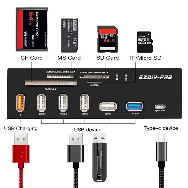 Alt view image 2 of 4 - PC Front Panel Internal Card Reader USB HUB, USB 3.1 Gen2 Type-C Port,USB 3.0 Support SD MS XD CF TF Card for Computer, Fits Any 5.25" Computer Case Front Bay