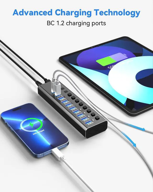 Alt view image 7 of 7 - Powered USB Hub 3.2,10-Port USB 3.2/USB C Hub (10Gbps USB-A 3.2 +2 USB-C 3.2 +7 USB 3.0 Ports) with Individual On/Off Switches and 12V Power Adapter, Aluminum USB Hub Powered for Laptop PC