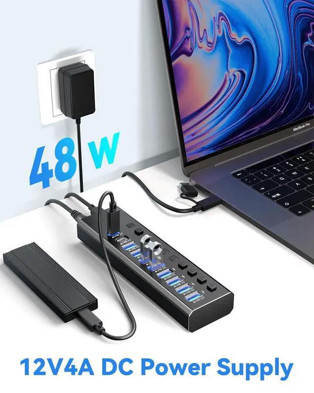 Alt view image 4 of 7 - Powered USB Hub 3.2,10-Port USB 3.2/USB C Hub (10Gbps USB-A 3.2 +2 USB-C 3.2 +7 USB 3.0 Ports) with Individual On/Off Switches and 12V Power Adapter, Aluminum USB Hub Powered for Laptop PC
