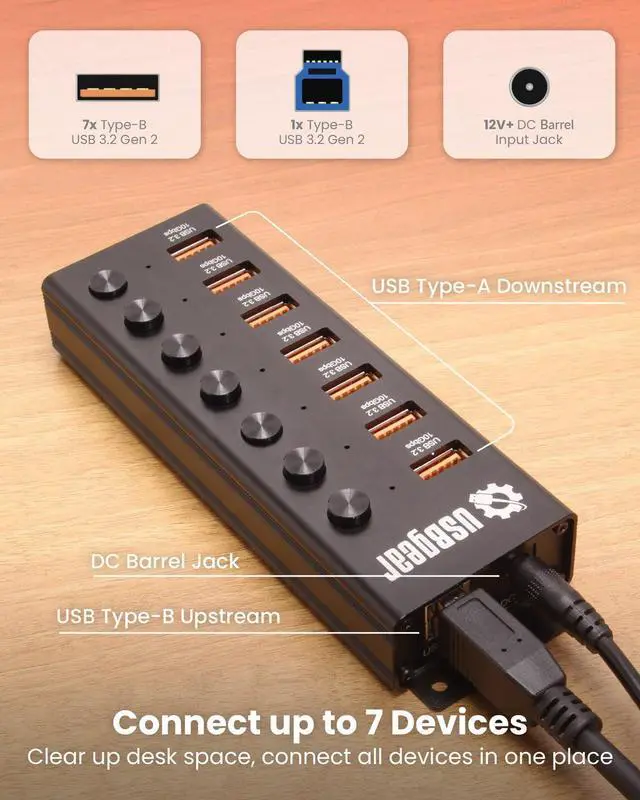 Alt view image 5 of 6 - 7 Port USB Hub 3.2 Gen 2 10Gbps Charging Hub with Individual On/Off USB Ports for Laptop, PC, Desktop, 12V/4A Power Adapter with Type-A to Type-B Cable (3ft), Computer Accessories