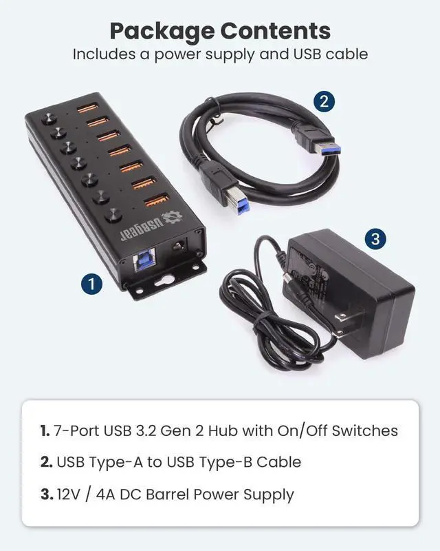 Alt view image 6 of 6 - 7 Port USB Hub 3.2 Gen 2 10Gbps Charging Hub with Individual On/Off USB Ports for Laptop, PC, Desktop, 12V/4A Power Adapter with Type-A to Type-B Cable (3ft), Computer Accessories