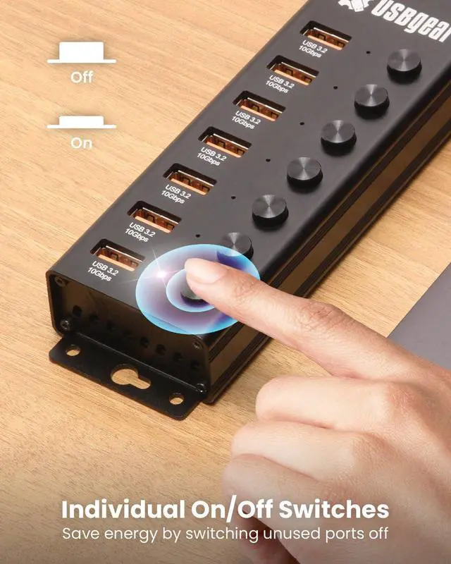 Alt view image 3 of 6 - 7 Port USB Hub 3.2 Gen 2 10Gbps Charging Hub with Individual On/Off USB Ports for Laptop, PC, Desktop, 12V/4A Power Adapter with Type-A to Type-B Cable (3ft), Computer Accessories