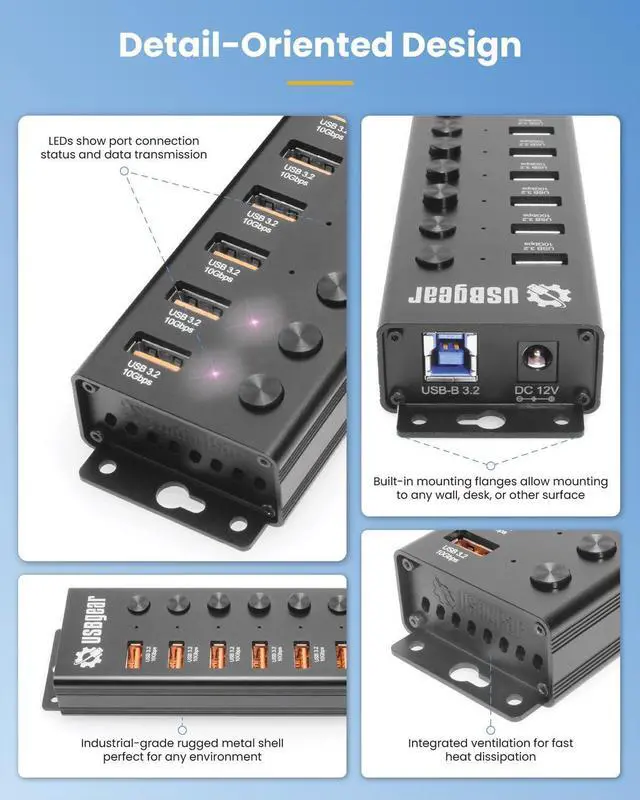 Alt view image 4 of 6 - 7 Port USB Hub 3.2 Gen 2 10Gbps Charging Hub with Individual On/Off USB Ports for Laptop, PC, Desktop, 12V/4A Power Adapter with Type-A to Type-B Cable (3ft), Computer Accessories