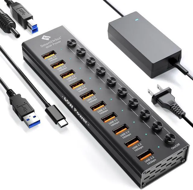 Main image of Powered USB 3.2 to Type-A, Type-C Hub, 10Gbps 10 Port Adapter, Individual LED Switches end High-Speed Data Transfer, Power Adapter 60W, USB Extension for Laptop, Flash Drive, PC and More
