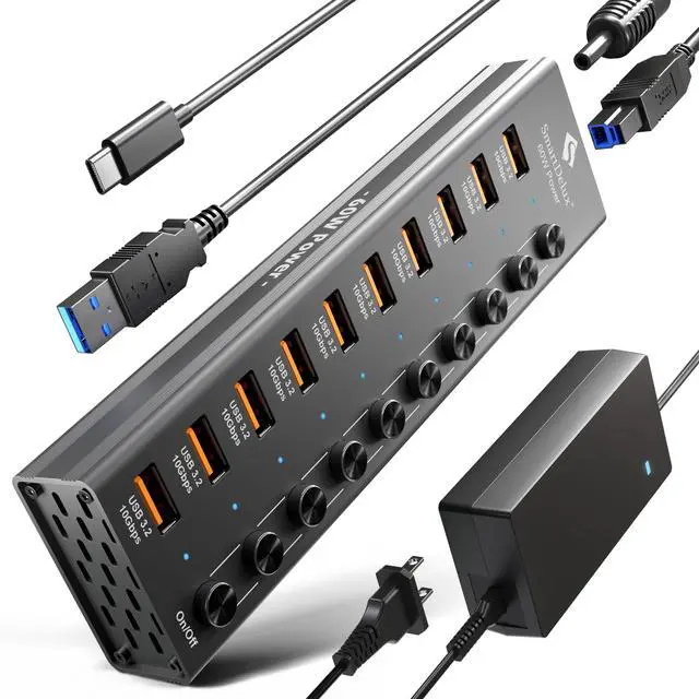Alt view image 2 of 7 - Powered USB 3.2 to Type-A, Type-C Hub, 10Gbps 10 Port Adapter, Individual LED Switches end High-Speed Data Transfer, Power Adapter 60W, USB Extension for Laptop, Flash Drive, PC and More