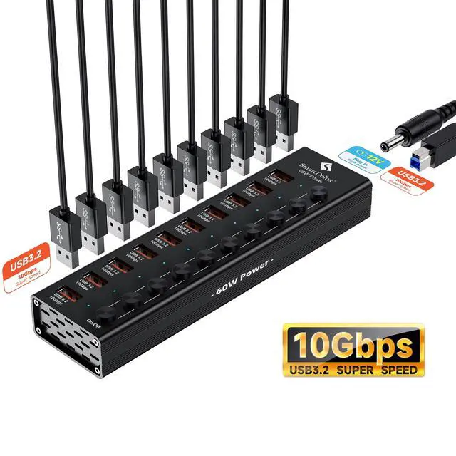 Alt view image 3 of 7 - Powered USB 3.2 to Type-A, Type-C Hub, 10Gbps 10 Port Adapter, Individual LED Switches end High-Speed Data Transfer, Power Adapter 60W, USB Extension for Laptop, Flash Drive, PC and More