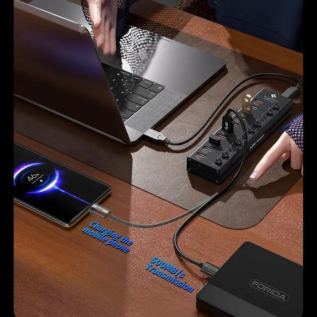 Alt view image 6 of 7 - Powered USB 3.2 to Type-A, Type-C Hub, 10Gbps 10 Port Adapter, Individual LED Switches end High-Speed Data Transfer, Power Adapter 60W, USB Extension for Laptop, Flash Drive, PC and More