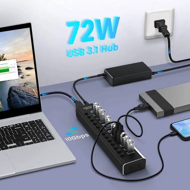Alt view image 3 of 7 - Powered USB Hub Aluminum 13 Port USB 3.1/3.2 Gen 2 Hub 10Gbps with 72W (12V/6A) Power Adapter and Individual Switches, Type A and Type C Cables, USB C Hub Expander for PC and Laptop, RSH-A13
