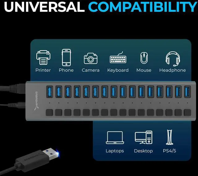 Alt view image 4 of 5 - 16-Port USB 3.0 Data Hub and Charger with Individual Power Switches, 90W High-Power Output (HB-PU16)