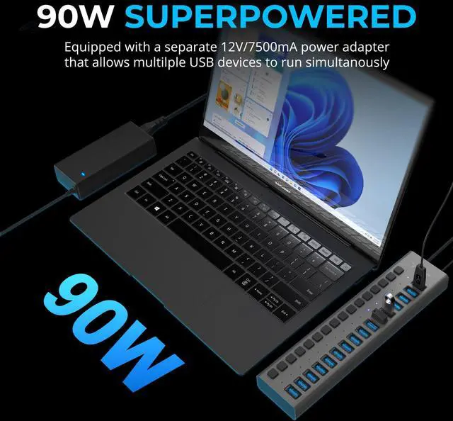 Alt view image 3 of 5 - 16-Port USB 3.0 Data Hub and Charger with Individual Power Switches, 90W High-Power Output (HB-PU16)