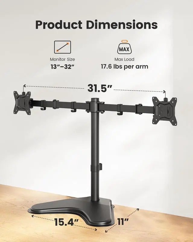 Alt view image 2 of 7 - Freestanding Dual Monitor Stand for 2 Screens up to 32 inch, Heavy Duty Monitor Mount Holds Max 17.6 lbs per Arm, Height Adjustable Gaming Monitor Stand for Desk, VESA 75x75/ 100x100mm, Black