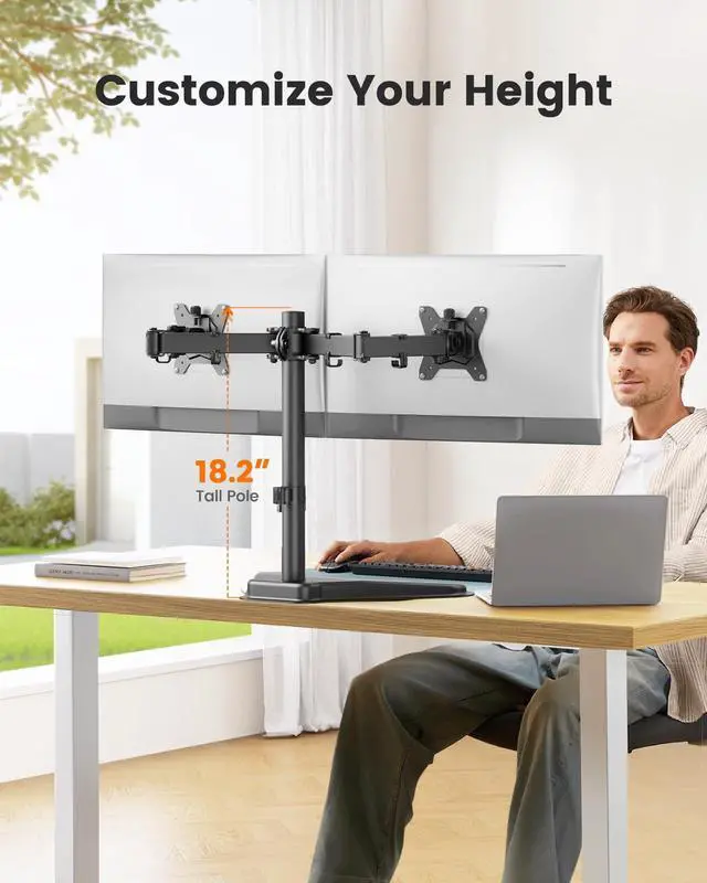 Alt view image 6 of 7 - Freestanding Dual Monitor Stand for 2 Screens up to 32 inch, Heavy Duty Monitor Mount Holds Max 17.6 lbs per Arm, Height Adjustable Gaming Monitor Stand for Desk, VESA 75x75/ 100x100mm, Black