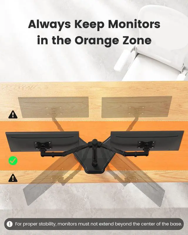 Alt view image 7 of 7 - Freestanding Dual Monitor Stand for 2 Screens up to 32 inch, Heavy Duty Monitor Mount Holds Max 17.6 lbs per Arm, Height Adjustable Gaming Monitor Stand for Desk, VESA 75x75/ 100x100mm, Black