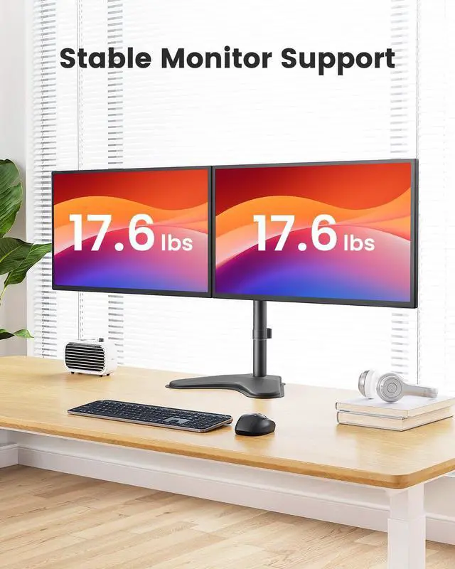 Alt view image 4 of 7 - Freestanding Dual Monitor Stand for 2 Screens up to 32 inch, Heavy Duty Monitor Mount Holds Max 17.6 lbs per Arm, Height Adjustable Gaming Monitor Stand for Desk, VESA 75x75/ 100x100mm, Black