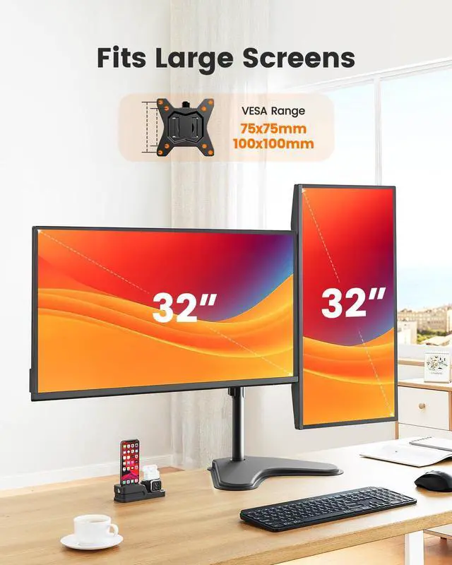 Alt view image 3 of 7 - Freestanding Dual Monitor Stand for 2 Screens up to 32 inch, Heavy Duty Monitor Mount Holds Max 17.6 lbs per Arm, Height Adjustable Gaming Monitor Stand for Desk, VESA 75x75/ 100x100mm, Black