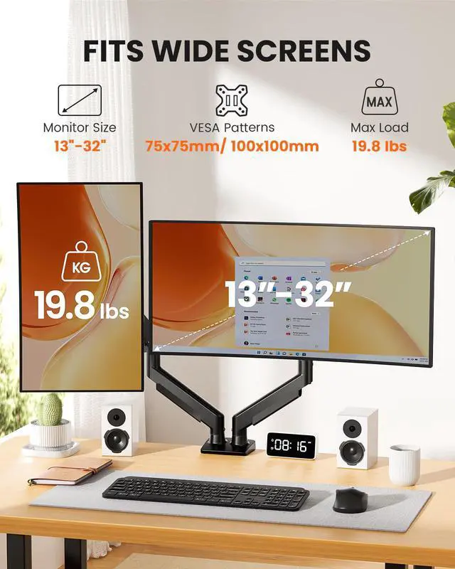 Alt view image 2 of 7 - Dual Monitor Arm, Full Adjustable Monitor Mount for 1332 Screens, Fast Install Computer Monitor Stand with Tool-Free VESA Mount, Max Load 19.8 lbs, Max VESA 100x100mm