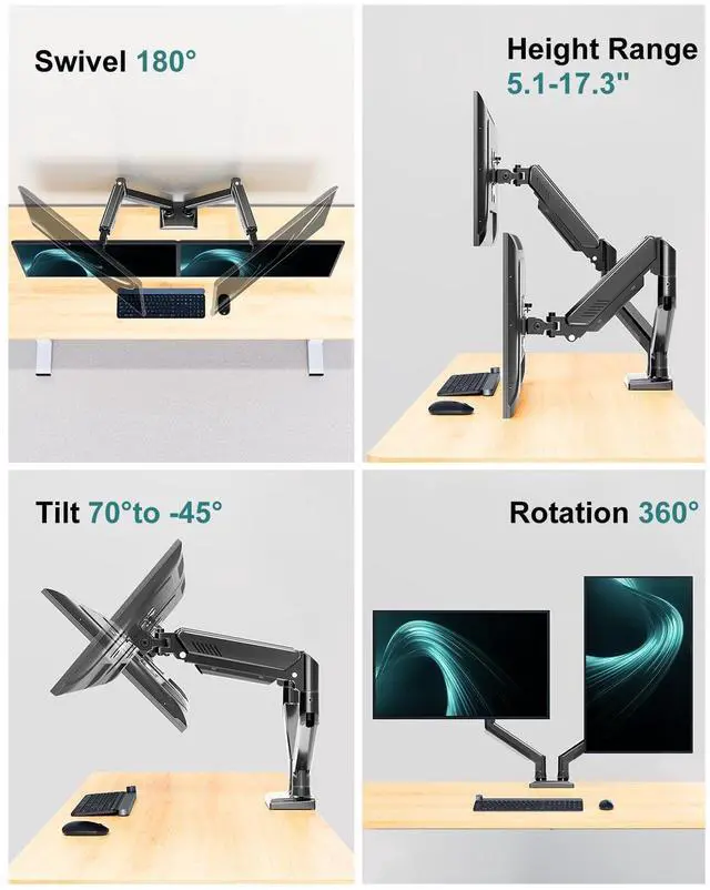 Alt view image 3 of 7 - Dual Monitor Arm Desk Mount Fits 13 to 32 inch Computer Screens, Holds 4.4 to 22lbs Display VESA Mount, Adjustable Double Monitor Stand with Clamp/Grommet Base, 75/100mm Bracket, Black, Freelift