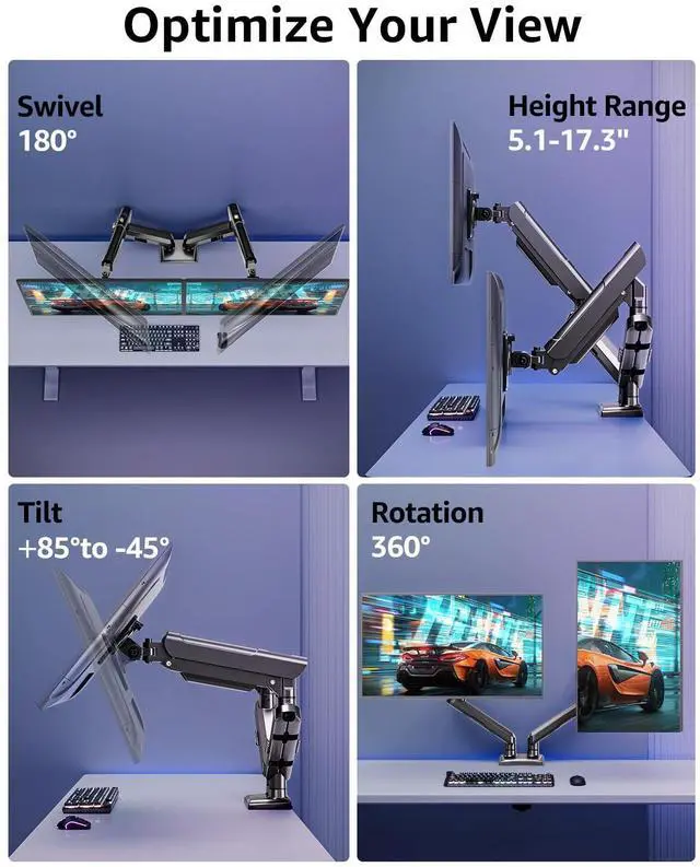 Alt view image 7 of 7 - Dual Monitor for 32 27 24 22inch Screens, Gas Spring Monitor Stand for 2 Monitor, Full Adjustable Monitors Desk Mount with C-ClampGrommet Base, Each Arm Holds 4.4-22 lbs, Freelift Pro Black