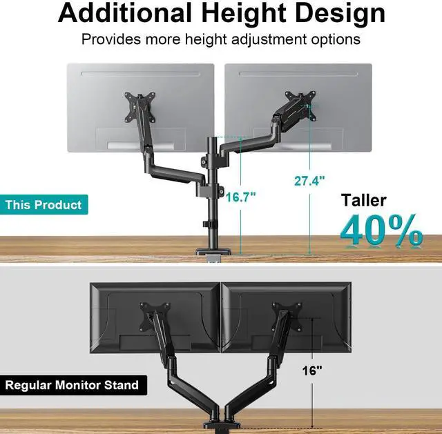 Alt view image 2 of 7 - Dual Monitor Mount for 13-32" Computer Screen, Tall Monitor Stands for 2 Monitors, Adjustable Gas Spring Double Vertical Monitor Desk Mount, Each Arm Holds 4.4 to19.8lbs, VESA Mount, Black