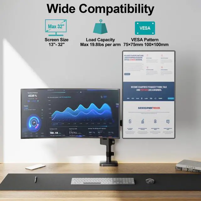Alt view image 6 of 7 - Dual Monitor Mount for 13-32" Computer Screen, Tall Monitor Stands for 2 Monitors, Adjustable Gas Spring Double Vertical Monitor Desk Mount, Each Arm Holds 4.4 to19.8lbs, VESA Mount, Black
