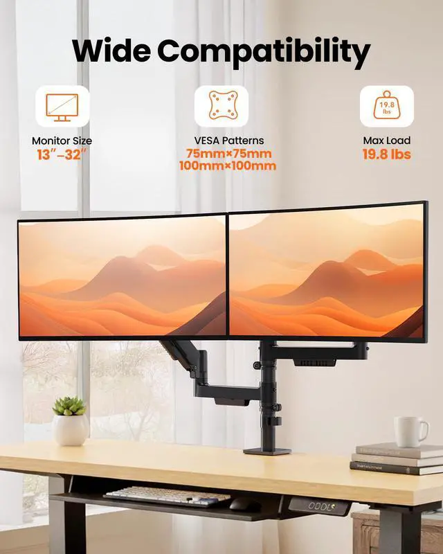 Alt view image 2 of 7 - Vertical Dual Monitor Stand, Stacked Monitor Mount for 13-32 Screens, Up to 19.8 lbs per Arm, Enhanced Stability with Integrated C-Clamp, Upgraded Cable Management, VESA 75x75/100x100mm, Black