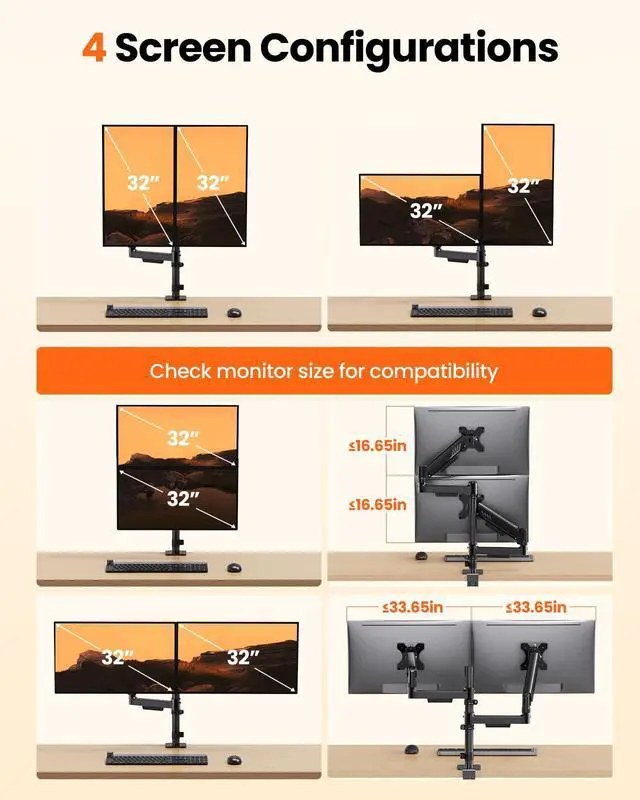 Alt view image 7 of 7 - Vertical Dual Monitor Stand, Stacked Monitor Mount for 13-32 Screens, Up to 19.8 lbs per Arm, Enhanced Stability with Integrated C-Clamp, Upgraded Cable Management, VESA 75x75/100x100mm, Black