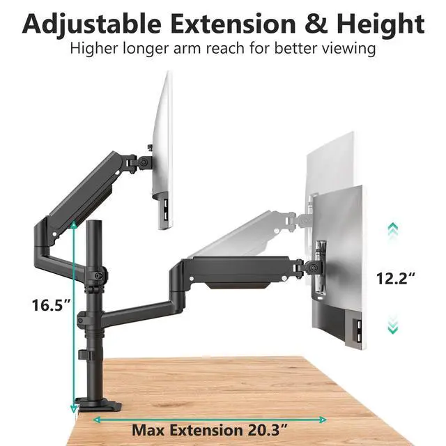 Alt view image 3 of 7 - Dual Monitor Mount, 13-32 Inch Adjustable Spring Dual Monitor Arm for Desk Holds Max 19.8 lbs Screens, Swivel Vesa Bracket with C Clamp, Grommet Mounting, Monitor Arms for 2 Monitors (GSDM002)