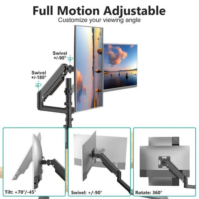 Alt view image 2 of 7 - Dual Monitor Mount, 13-32 Inch Adjustable Spring Dual Monitor Arm for Desk Holds Max 19.8 lbs Screens, Swivel Vesa Bracket with C Clamp, Grommet Mounting, Monitor Arms for 2 Monitors (GSDM002)