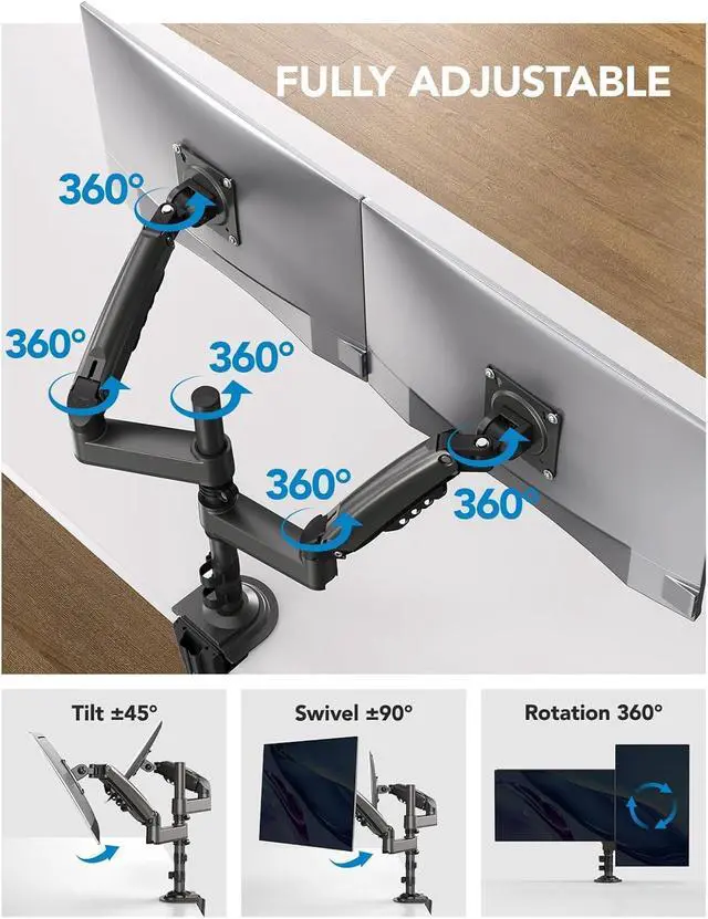 Alt view image 4 of 7 - 17-32 Inch Dual Monitor Stand, NITROGLIDE Dual Monitor Mount, Monitor Stand 2 Monitors, Ergonomic Adjustable Tilt/Swivel/Rotate, Weight Max 19.8 lbs, VESA 75/100mm