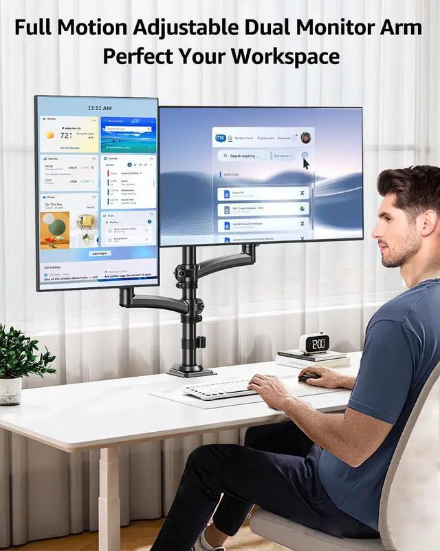 Alt view image 2 of 7 - Dual Monitor Stand Holds 4.4-22 lbs Each, Dual Monitor Arm for 2 Monitors, Height Adjustable Computer Desk Mount for Max 32 inch Screens, VESA Mount with C-clamp & Grommet Base, Freelift Black