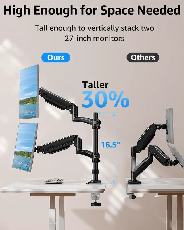 Alt view image 4 of 7 - Dual Monitor Stand Holds 4.4-22 lbs Each, Dual Monitor Arm for 2 Monitors, Height Adjustable Computer Desk Mount for Max 32 inch Screens, VESA Mount with C-clamp & Grommet Base, Freelift Black