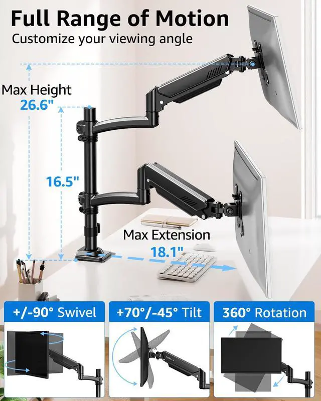 Alt view image 6 of 7 - Dual Monitor Stand Holds 4.4-22 lbs Each, Dual Monitor Arm for 2 Monitors, Height Adjustable Computer Desk Mount for Max 32 inch Screens, VESA Mount with C-clamp & Grommet Base, Freelift Black