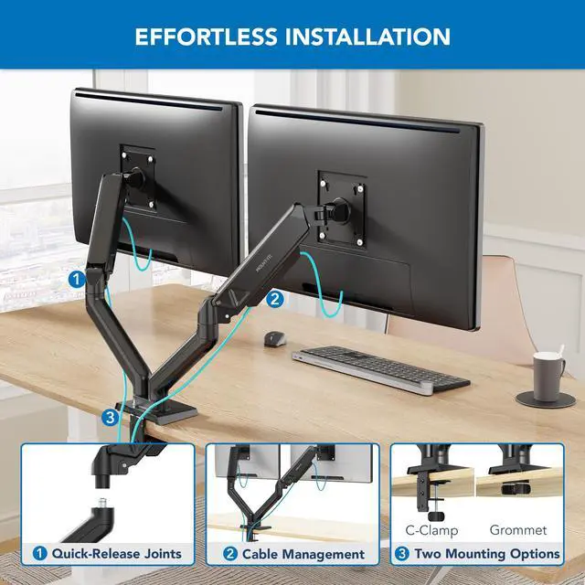 Alt view image 6 of 7 - Full Motion Dual Monitor Mount with Spring Arms, 17" to 32", Full Motion Monitor Arm with Tilt, Rotation, Swivel, Height Adjustment, Clamp or Grommet, Fits VESA 75x75 and 100x100 - Black