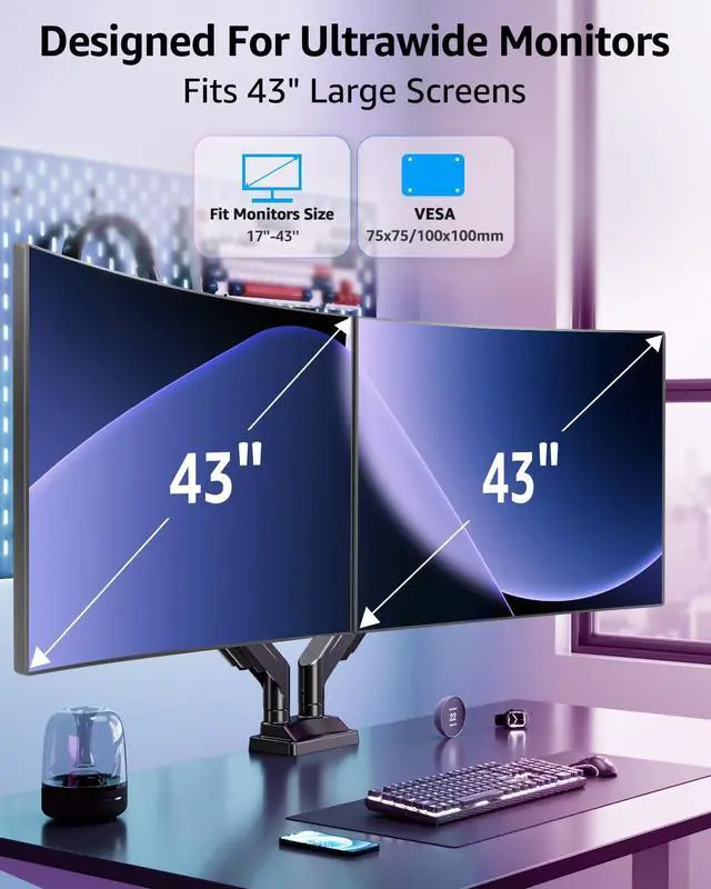 Alt view image 2 of 7 - Dual Monitor Stand for Max 43 inch Screens, Ultrawide Monitor Arm Height Adjustable, Heavy Duty Dual Monitor Mount, Full Motion Premium Monitors Arm, Holds 2.2 to 33 lbs, VESA Desk Mount