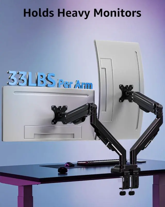 Alt view image 3 of 7 - Dual Monitor Stand for Max 43 inch Screens, Ultrawide Monitor Arm Height Adjustable, Heavy Duty Dual Monitor Mount, Full Motion Premium Monitors Arm, Holds 2.2 to 33 lbs, VESA Desk Mount