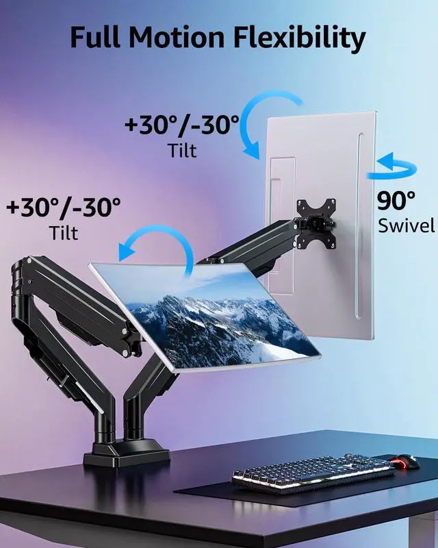 Alt view image 6 of 7 - Dual Monitor Stand for Max 43 inch Screens, Ultrawide Monitor Arm Height Adjustable, Heavy Duty Dual Monitor Mount, Full Motion Premium Monitors Arm, Holds 2.2 to 33 lbs, VESA Desk Mount