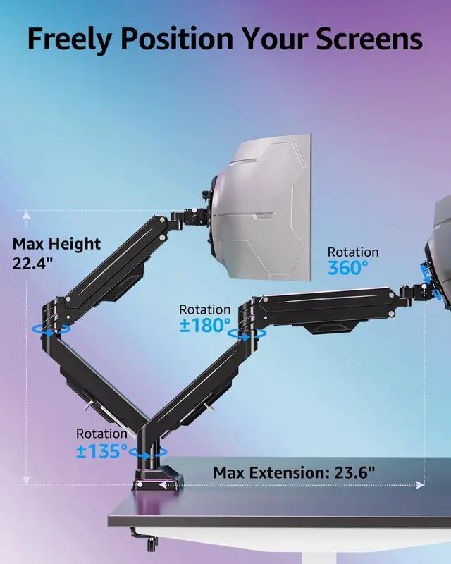 Alt view image 7 of 7 - Dual Monitor Stand for Max 43 inch Screens, Ultrawide Monitor Arm Height Adjustable, Heavy Duty Dual Monitor Mount, Full Motion Premium Monitors Arm, Holds 2.2 to 33 lbs, VESA Desk Mount