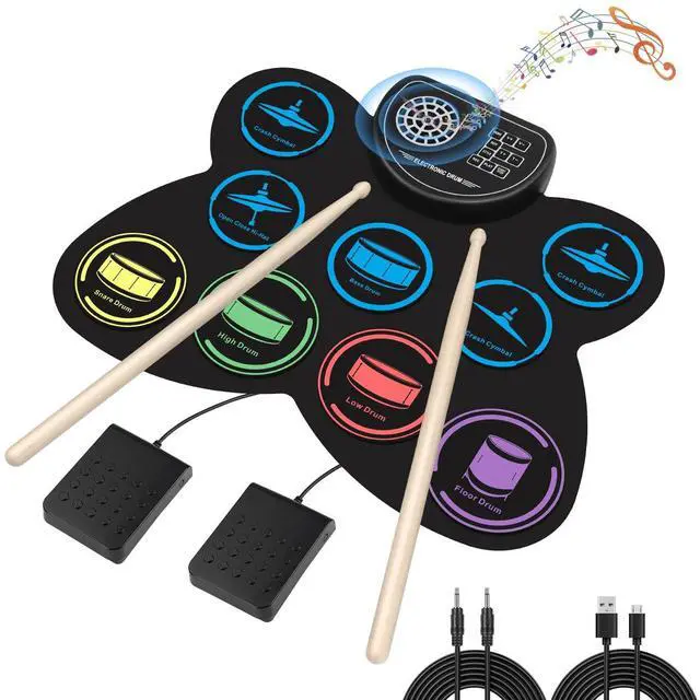 Main image of Electronic Drum Set, 9 Drum Practice Pad with Headphone Jack, Roll-up Pad Machine Built-in Speaker Drum Pedals Sticks 10 Hours Playtime, Great Holiday Xmas Birthday Gift for Kids