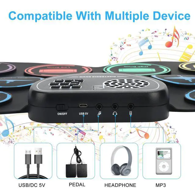 Alt view image 2 of 6 - Electronic Drum Set, 9 Drum Practice Pad with Headphone Jack, Roll-up Pad Machine Built-in Speaker Drum Pedals Sticks 10 Hours Playtime, Great Holiday Xmas Birthday Gift for Kids