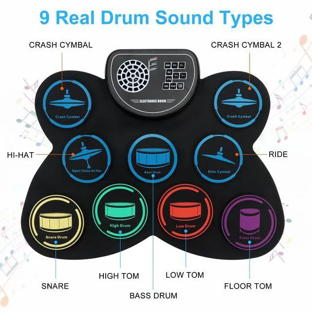 Alt view image 3 of 6 - Electronic Drum Set, 9 Drum Practice Pad with Headphone Jack, Roll-up Pad Machine Built-in Speaker Drum Pedals Sticks 10 Hours Playtime, Great Holiday Xmas Birthday Gift for Kids